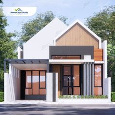 this is an artist's rendering of a two story house with modern design and wood accents