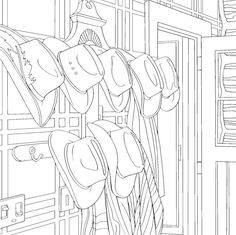 a coloring page with hats hanging from hooks