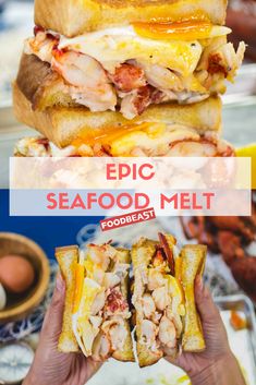 a person holding two sandwiches in their hands with the words epic seafood melt on them