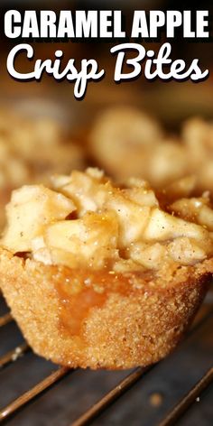 caramel apple crispy bites are cooling on the oven rack with text overlay