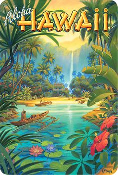 an advertisement for the hawaiian island with tropical plants and people in canoes on water