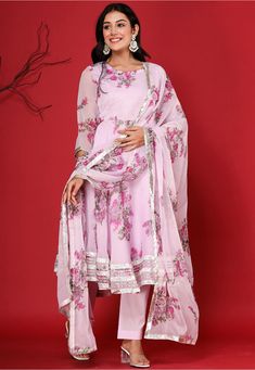 Faux Chiffon Pakistani Suit in Light Purple This Readymade attire is Enhanced with Digital, Floral Print and Gota Lace Work. Crafted in Round Neck and Quarter Sleeve Available with a Poly Cotton Pant and a Faux Chiffon Dupatta in Light Purple The Kameez and Bottom Lengths are 45 and 39 inches respectively Do note: Accessories shown in the image are for presentation purposes only and length may vary upto 2 inches.(Slight variation in actual color vs. image is possible). Floral Print Georgette Anarkali Set For Party, Pink Organza Dupatta With Floral Print, Floral Georgette Anarkali Set For Party, Party Wear Floral Anarkali Set In Georgette, Party Floral Georgette Anarkali Set, Fitted Floral Print Organza Sets, Elegant Georgette Sets With Floral Print, Elegant Anarkali Set With Floral Print In Georgette, Fitted Floral Print Georgette Sets