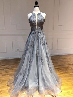 Unique Backless Lace Appliques Gray Long Prom Dresses, Backless Gray Lace Formal Dresses, Lace Gray Evening Dresses Grey Evening Dresses, Formal Ball Gown, Custom Prom Dress, Tulle Evening Dress, Lace Formal Dress, Backless Prom Dresses, Long Prom Dresses, Custom Size Dresses, A Line Prom Dresses