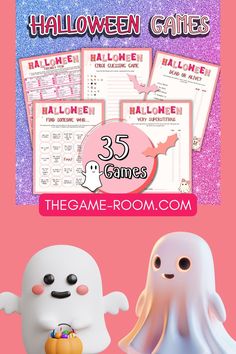 halloween games for kids with ghost and pumpkins on pink background, text reads 25 games the game - room