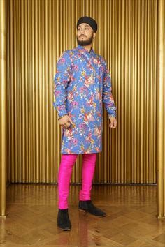 The Sunny Floral Kurta by Harleen Kaur. A long sleeve shirt designed with a vibrant floral print throughout, perfect for a South Asian groom for a mehndi night or Sangeet, or a wedding guest for an Indian wedding weekend. Style this kurta shirt with neutral pajama pants or vibrant silk pajama pants! Find this blue indowestern shirt and more menswear at www.harleenkaur.us Mehndi Night Outfit, Blue Indian Outfit, Indian Clothing Brands, Silk Pajama Pants, Mehndi Night, Floral Lehenga, Men Kurta, Blue Kurta