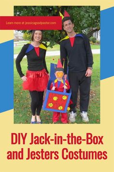 two people dressed up in costumes standing next to each other with the caption diy jack - in - the - box and jester's costumes