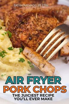 an air fryer pork chops recipe on a plate with mashed potatoes