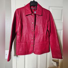 Liz Claiborne Red Genuine Leather Collared Full Zip Jacket Size 4 Herringbone Pattern Stitched In The Leather. Fitted Red Leather Jacket With Button Closure, Red Fitted Outerwear With Snap Buttons, Fitted Red Outerwear With Snap Buttons, Floral Print Blazer, Beaded Jacket, Twill Jacket, Printed Blazer, Black Denim Jacket, Brown Jacket