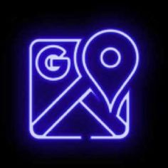 a blue neon sign that says go with it on the dark background and has a map pin