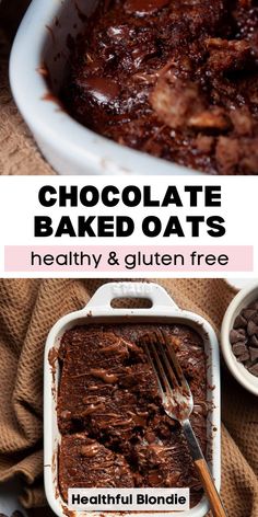 chocolate baked oats in a baking dish with spoons and cinnamon on the side