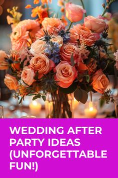 a vase filled with lots of pink flowers on top of a table next to candles