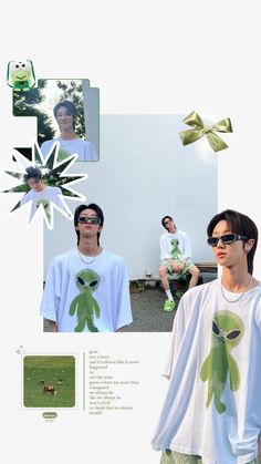 a man wearing sunglasses and a t - shirt with an alien on it's chest