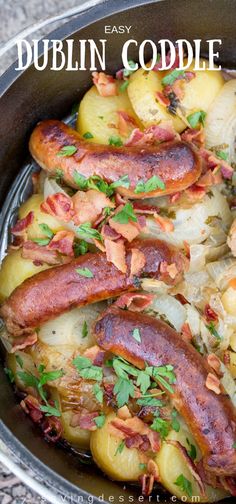 a pan filled with bacon and potatoes on top of a table