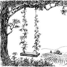 a swing hanging from a tree in the middle of a field