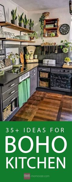 the kitchen is decorated in black and green