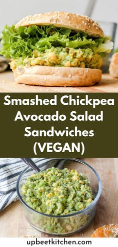 an avocado salad is shown with the words smashed chickpea avocado salad sandwiches vegan