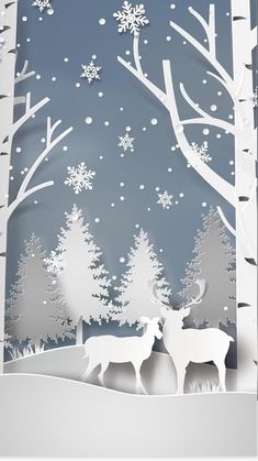 a paper cut out of two deer in the woods with snowflakes on them