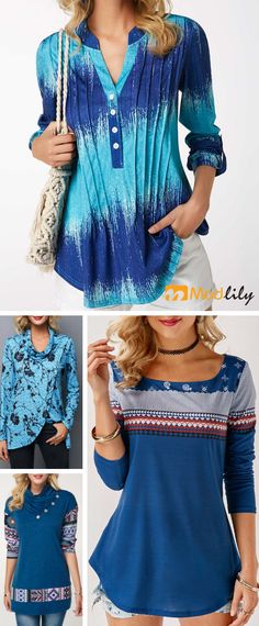 blue series, casual, cute, printed, split neck, button. Three Quarter Sleeve Blouses, Tops Trendy, Trendy Tops For Women, Online Tops, Winter Fashion Outfits, Trendy Tops, Tops For Women, Pretty Outfits, Spring Outfits