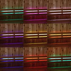 the wall is made up of wooden slats with different colored lights