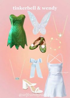 there is a dress, shoes, and fairy costume on the pink background with butterfly wings