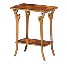 a wooden table with two legs and a shelf on one side that has an animal head carved into the top