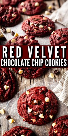 red velvet chocolate chip cookies on a wooden table with text overlay that reads, red velvet chocolate chip cookies