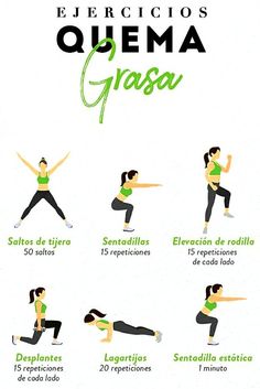 a woman doing yoga poses with the words quema grasa in spanish and english