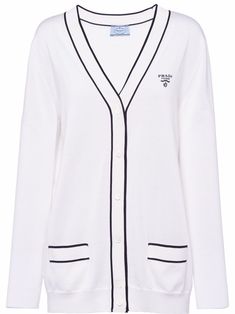 White silk logo-knitted V-neck cardigan from PRADA featuring V-neck, front button fastening, long sleeves, two front patch pockets, contrasting trim and intarsia-knit logo. Louis Vuitton Collection, Masculine Style, Silk Cardigan, Logo Knit, Pharrell Williams, White Cardigan, V Neck Cardigan, Knitwear Cardigan, Wool Cardigan