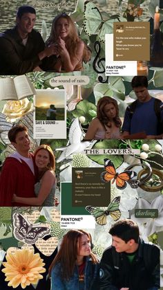 a collage of photos with people and butterflies on them, including flowers, leaves, and other things