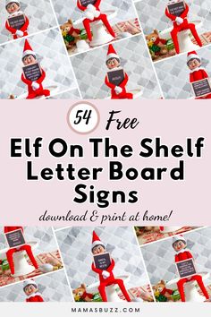 the elf on the shelf sign is shown with photos and text that says elf on the shelf