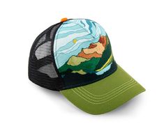 Hand-drawn mountain layers recede into the distance behind an alpine lake. Inspired by mornings spent next to mountain lakes. ITEM DETAILS Alpinecho's trucker hats are made in partnership with Purnaa, a social enterprise and World Fair Trade Organization Guaranteed Member (WFTO) in Nepal with a mission to create jobs that empower marginalized people to fresh starts and fulfilled lives. At Purnaa, staff receive technical skills training, life-skills training, access to counseling, healthcare, and Trucker Hat With Curved Brim For Travel, Curved Brim Trucker Hat For Travel, Trucker Style Hat With Curved Brim For Travel, Adjustable Trucker Hat For Travel, Green Trucker Hat With Curved Brim For Travel, Trucker Baseball Cap For Travel, Green Trucker Hat With Flat Brim For Camping, Green Trucker Hat For Outdoor Activities, Adjustable Trucker Hat For Hiking