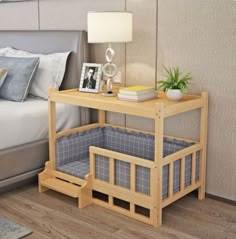 a bedroom with a bed, nightstand and night stand next to it on the floor