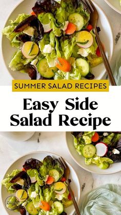 two white plates filled with salad on top of a table next to another plate full of salad