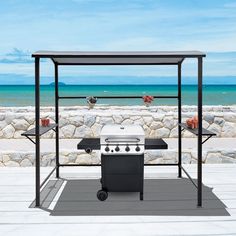 an outdoor bbq grill on the beach with water in the background