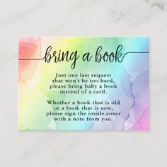 a colorful book request card with the words, bring a book and rainbow watercolor background