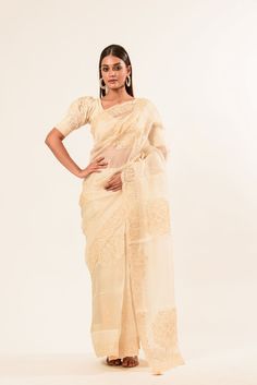 White Organza Saree with Floral Embroidered Work - Anvi Couture Elegant Resham Embroidered Cotton Silk Blouse Piece, Wedding Blouse With Chikankari Embroidery In Tissue Silk, Elegant Blouse With Chikankari Embroidery For Diwali, Elegant Chikankari Embroidered Blouse For Diwali, Elegant Diwali Blouse With Chikankari Embroidery, Elegant Blouse With Chikankari Embroidery In Traditional Drape, Transitional Season Wedding Cotton Silk Saree, Festive Pre-draped Cotton Silk Saree With Intricate Embroidery, Elegant Cotton Silk Saree With Zari Work