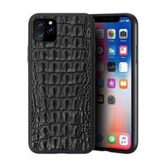 an iphone case with crocodile skin on the front and back sides, in black color