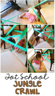 a collage of photos showing how to make a jungle crawl with tape and scissors