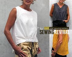 two women standing next to each other in front of a wall with the words sewing revival on it