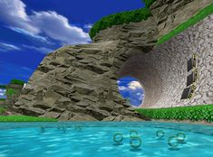 an image of a video game scene with water and rocks