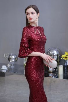 Cocktail Dress Sleeves, Affordable Evening Dresses, Burgundy Prom, Color Borgoña, Prom Dresses With Pockets, Evening Dresses Online, Floor Length Prom Dresses, Sequin Prom Dress, Burgundy Prom Dress