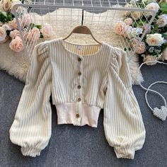 Female French Elegant Blouse Sweet Chic Ruffles Beading · Shop Zola · Online Store Powered by Storenvy Corduroy Blouse, Short Shirt, Shirt Female, Puff Long Sleeves, Long Puff Sleeves, Female Fashion, Short Shirts, Puff Sleeve Top, Fashion Mode