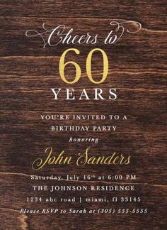 a wooden birthday party card with the words cheers to 60 years written in gold on it