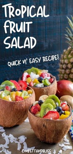 tropical fruit salad in coconut bowls on a table