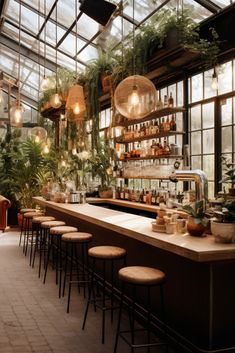 An image of a wooden bar inside of the greenhouse lounge, with barstools lining the bar. Greenhouse Lounge, Greenhouse Bar, Cafe Plants, Greenhouse Restaurant, Greek Taverna, Bar Lounge Design, Lounge Inspiration, Heating A Greenhouse