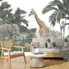 a giraffe standing in the middle of a jungle with palm trees and elephants