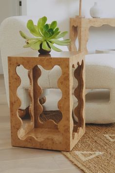 a small wooden table with a potted plant in it on the floor next to a white couch