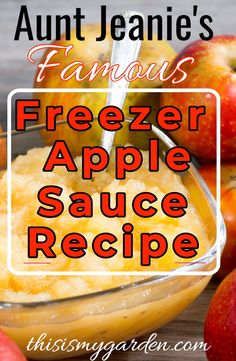 an apple dessert in a glass bowl with the words, freezer apple sauce recipe