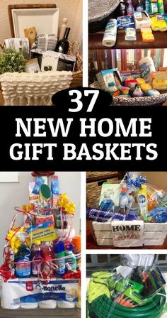 some baskets filled with items and the words 37 new home gift baskets