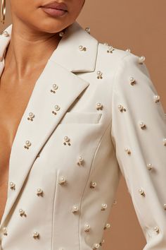 Claire Embellished Blazer - Ivory | Fashion Nova, Luxe | Fashion Nova Embellished Blazers For Women, Pearl Blazer, Embellished Blazer, Woman Suit, White Wedding Gowns, Creative Wedding Ideas, Woman Suit Fashion, Blazer Designs, Bride Look